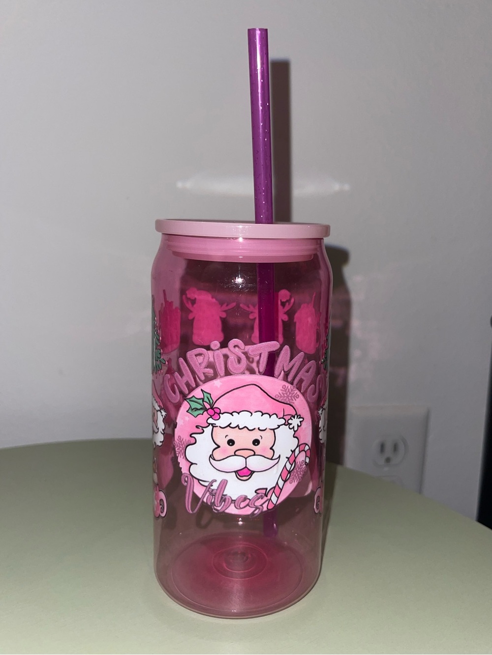 Pink Christmas Santa Tumbler with Straw